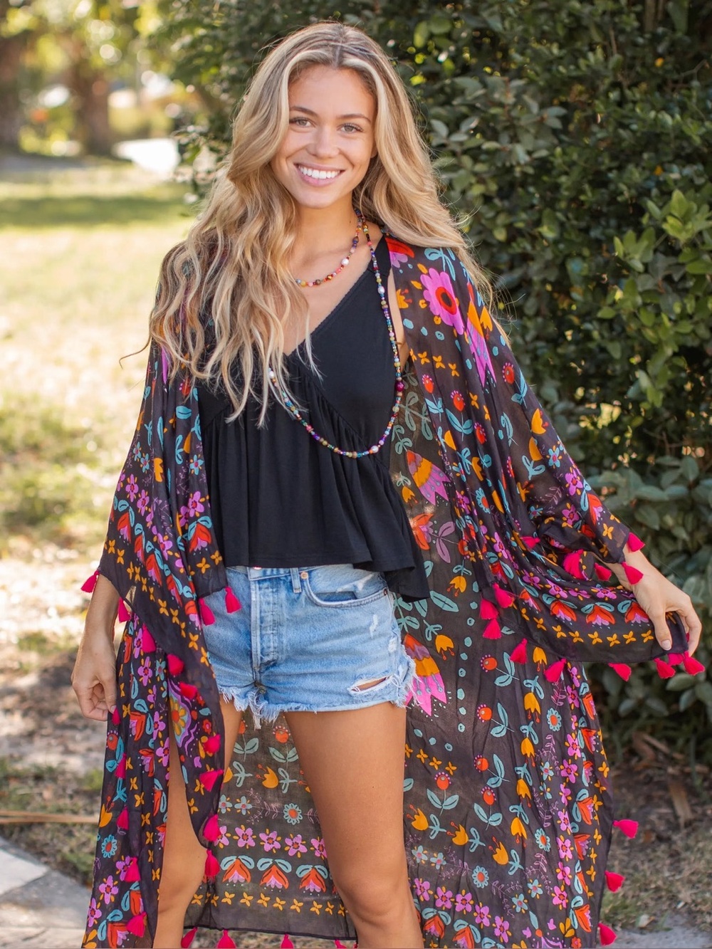 Natural Life Soleil Tassel Kimono Topper One Size Boho Festival Floral Colorful